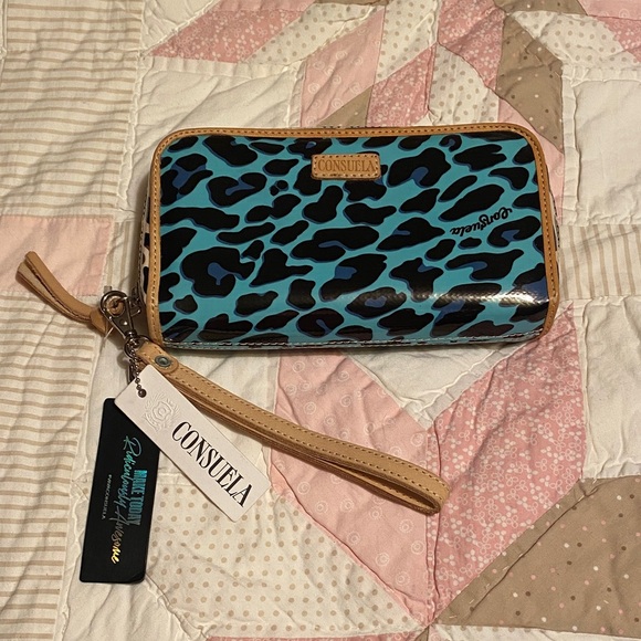 Consuela Handbags - Retired Consuela Mona Turquoise and Black Leopard Wristlet New